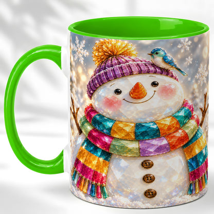 #pl[11oz|Green] Jewel Tone Snowman Coffee Mug, Winter Bird Mug, Ceramic Cup