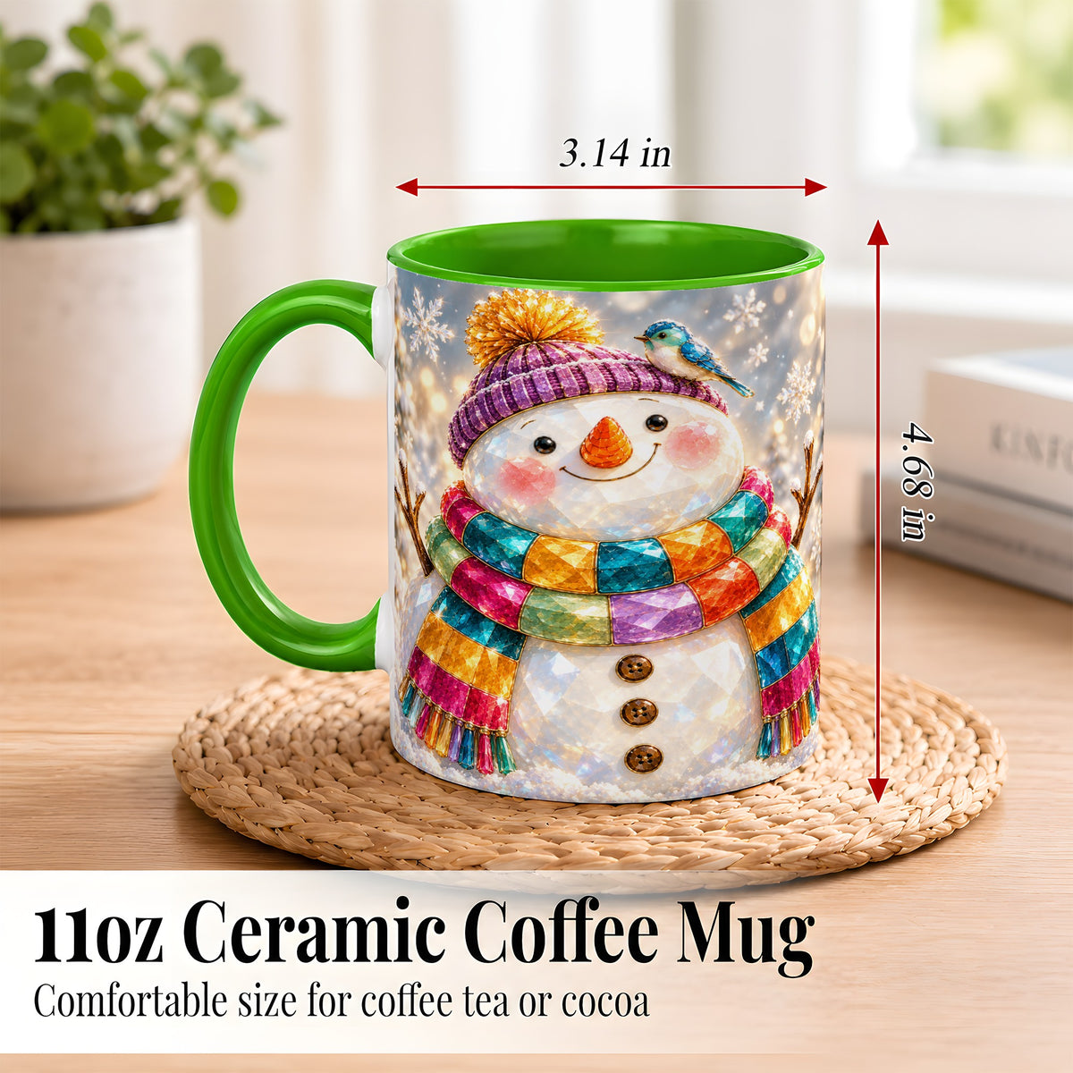 #pl[11oz|Green] Jewel Tone Snowman Coffee Mug, Winter Bird Mug, Ceramic Cup