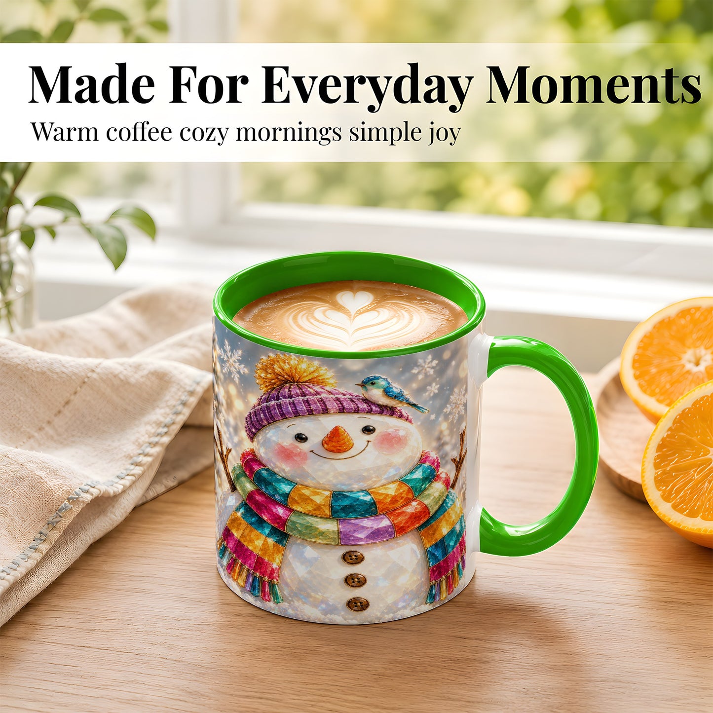 #pl[11oz|Green] Jewel Tone Snowman Coffee Mug, Winter Bird Mug, Ceramic Cup