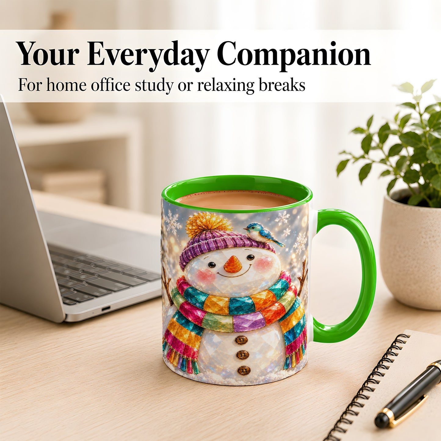 #pl[11oz|Green] Jewel Tone Snowman Coffee Mug, Winter Bird Mug, Ceramic Cup