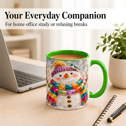 #pl[11oz|Green] Jewel Tone Snowman Coffee Mug, Winter Bird Mug, Ceramic Cup