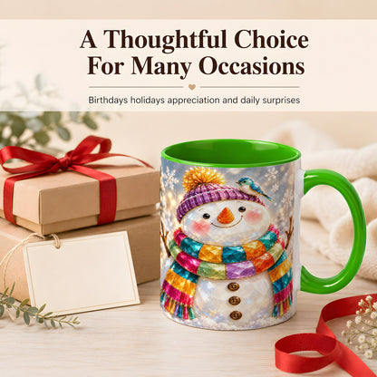 #pl[11oz|Green] Jewel Tone Snowman Coffee Mug, Winter Bird Mug, Ceramic Cup