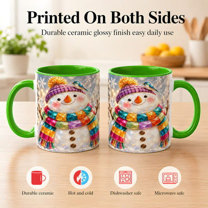 #pl[11oz|Green] Jewel Tone Snowman Coffee Mug, Winter Bird Mug, Ceramic Cup