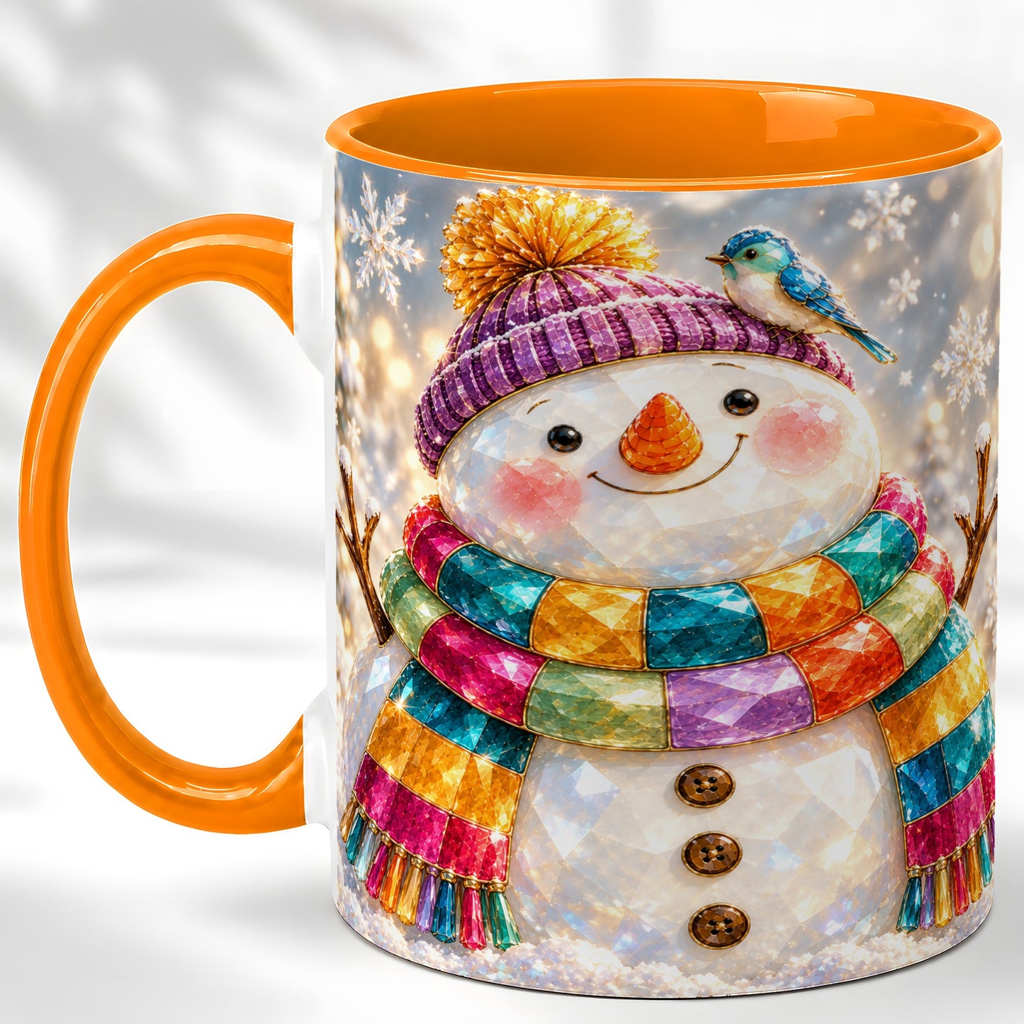 #pl[11oz|Orange] Jewel Tone Snowman Coffee Mug, Winter Bird Mug, Ceramic Cup