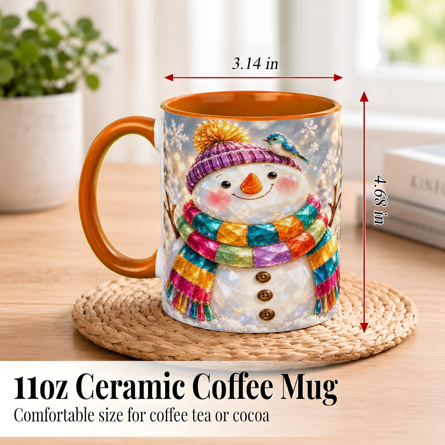 #pl[11oz|Orange] Jewel Tone Snowman Coffee Mug, Winter Bird Mug, Ceramic Cup