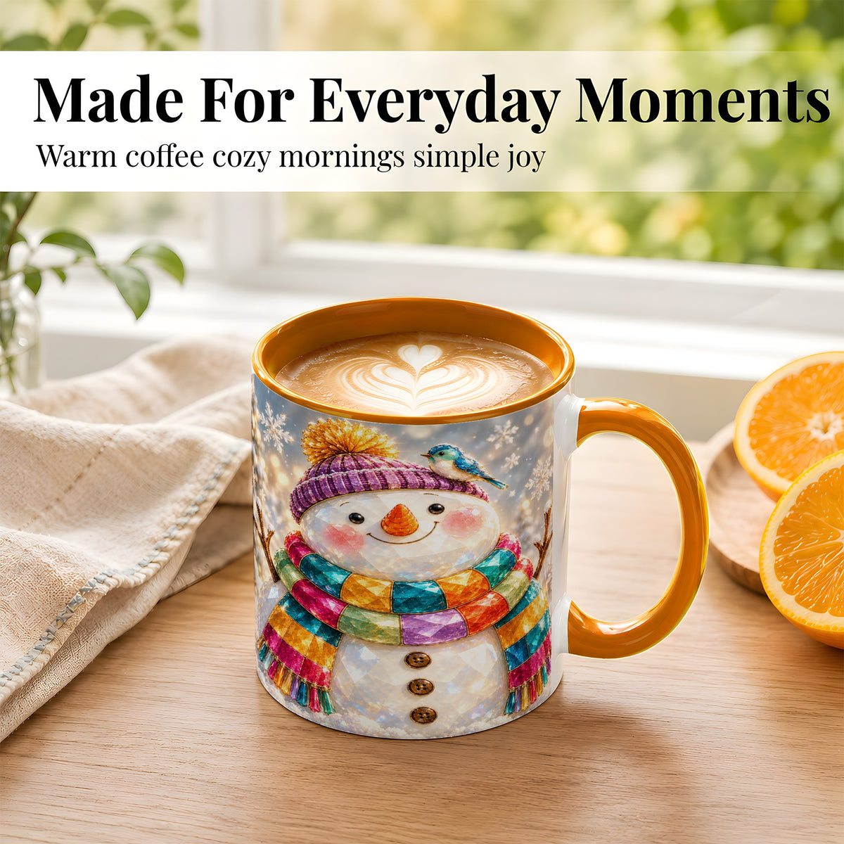 #pl[11oz|Orange] Jewel Tone Snowman Coffee Mug, Winter Bird Mug, Ceramic Cup