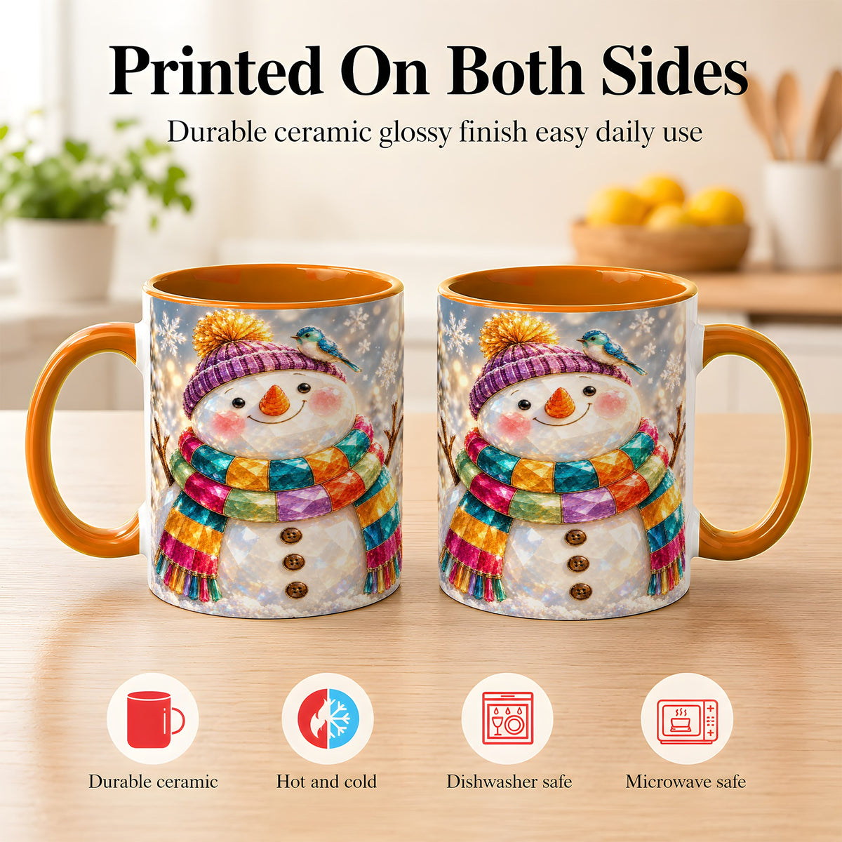 #pl[11oz|Orange] Jewel Tone Snowman Coffee Mug, Winter Bird Mug, Ceramic Cup