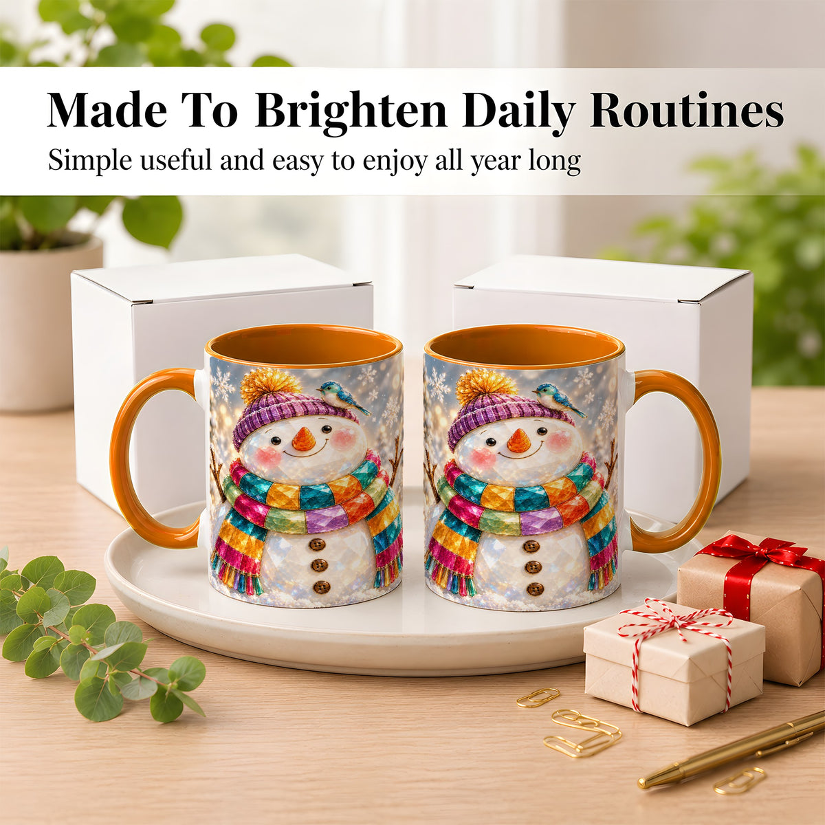 #pl[11oz|Orange] Jewel Tone Snowman Coffee Mug, Winter Bird Mug, Ceramic Cup