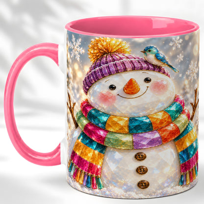 #pl[11oz|Pink] Jewel Tone Snowman Coffee Mug, Winter Bird Mug, Ceramic Cup