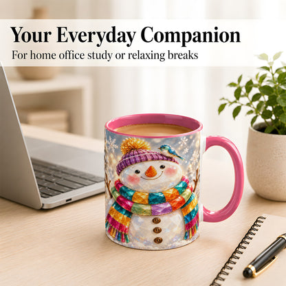 #pl[11oz|Pink] Jewel Tone Snowman Coffee Mug, Winter Bird Mug, Ceramic Cup