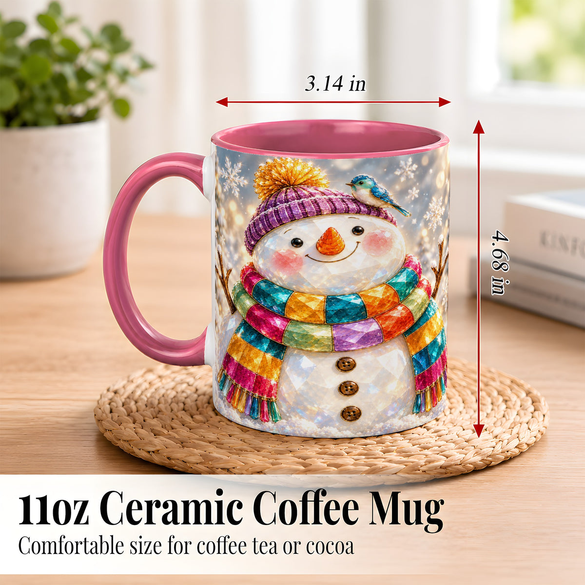#pl[11oz|Pink] Jewel Tone Snowman Coffee Mug, Winter Bird Mug, Ceramic Cup