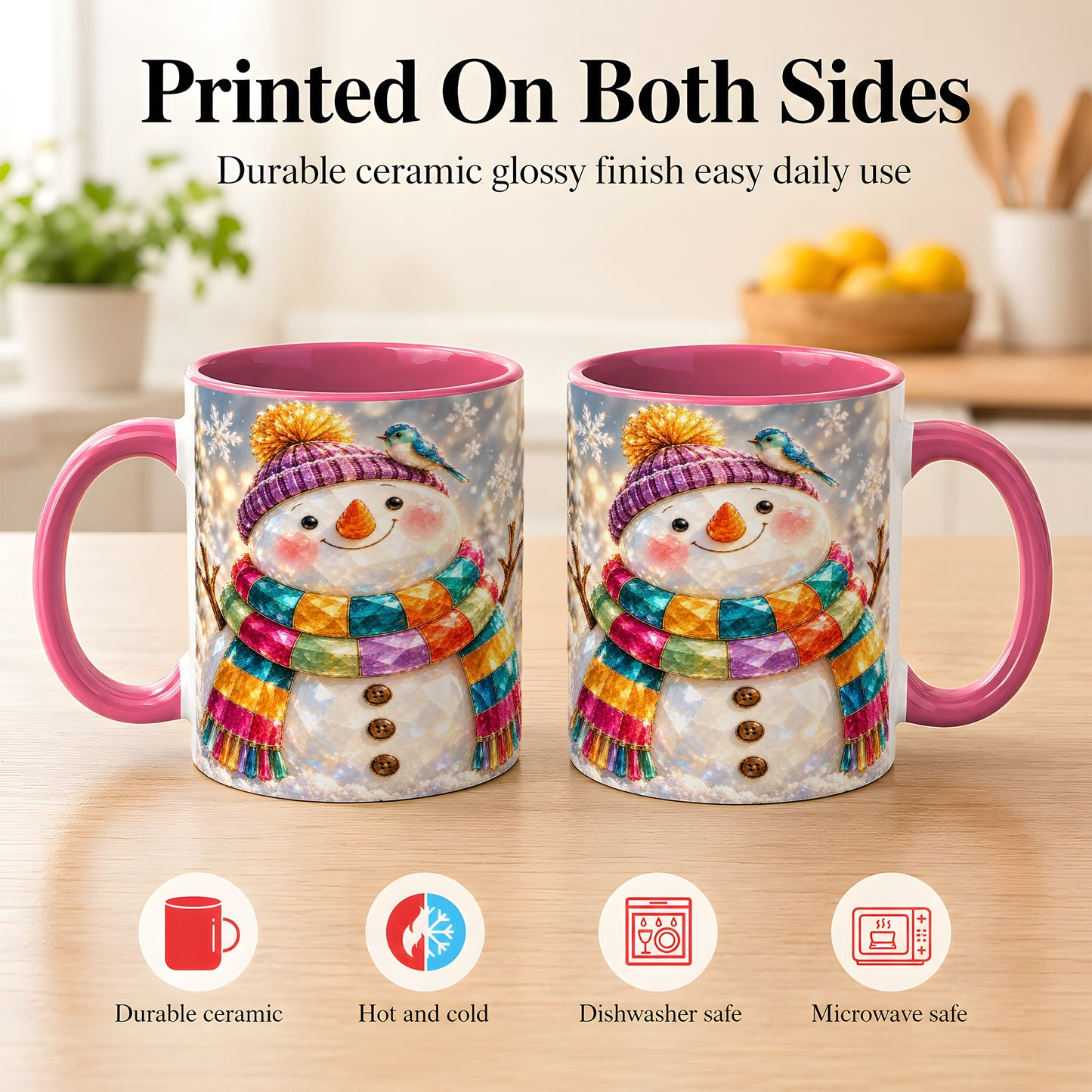 #pl[11oz|Pink] Jewel Tone Snowman Coffee Mug, Winter Bird Mug, Ceramic Cup