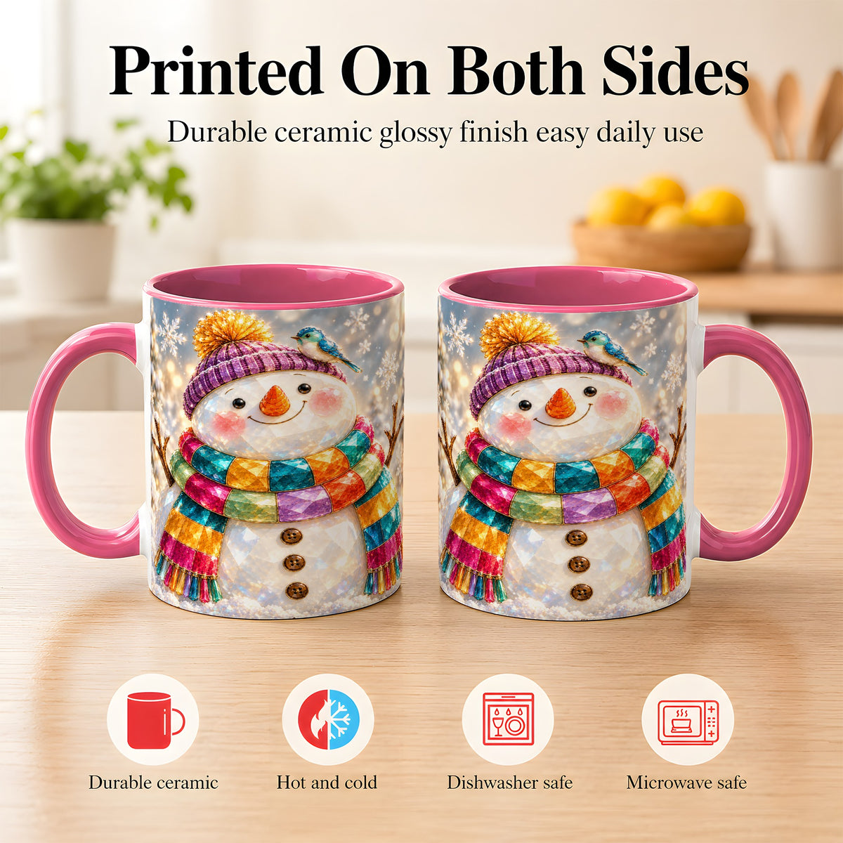 #pl[11oz|Pink] Jewel Tone Snowman Coffee Mug, Winter Bird Mug, Ceramic Cup