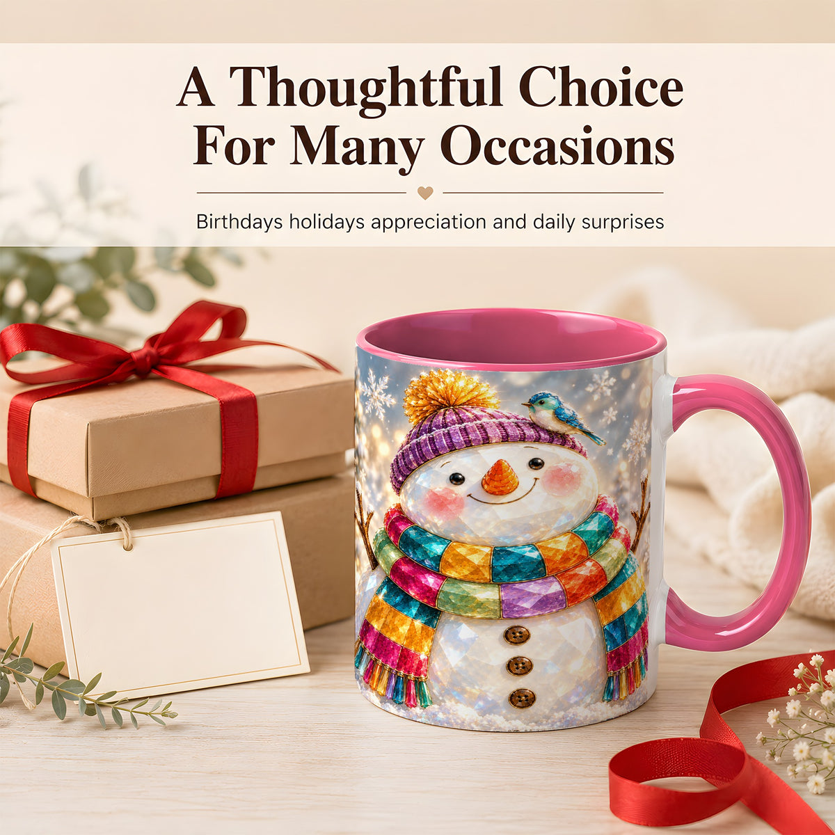 #pl[11oz|Pink] Jewel Tone Snowman Coffee Mug, Winter Bird Mug, Ceramic Cup