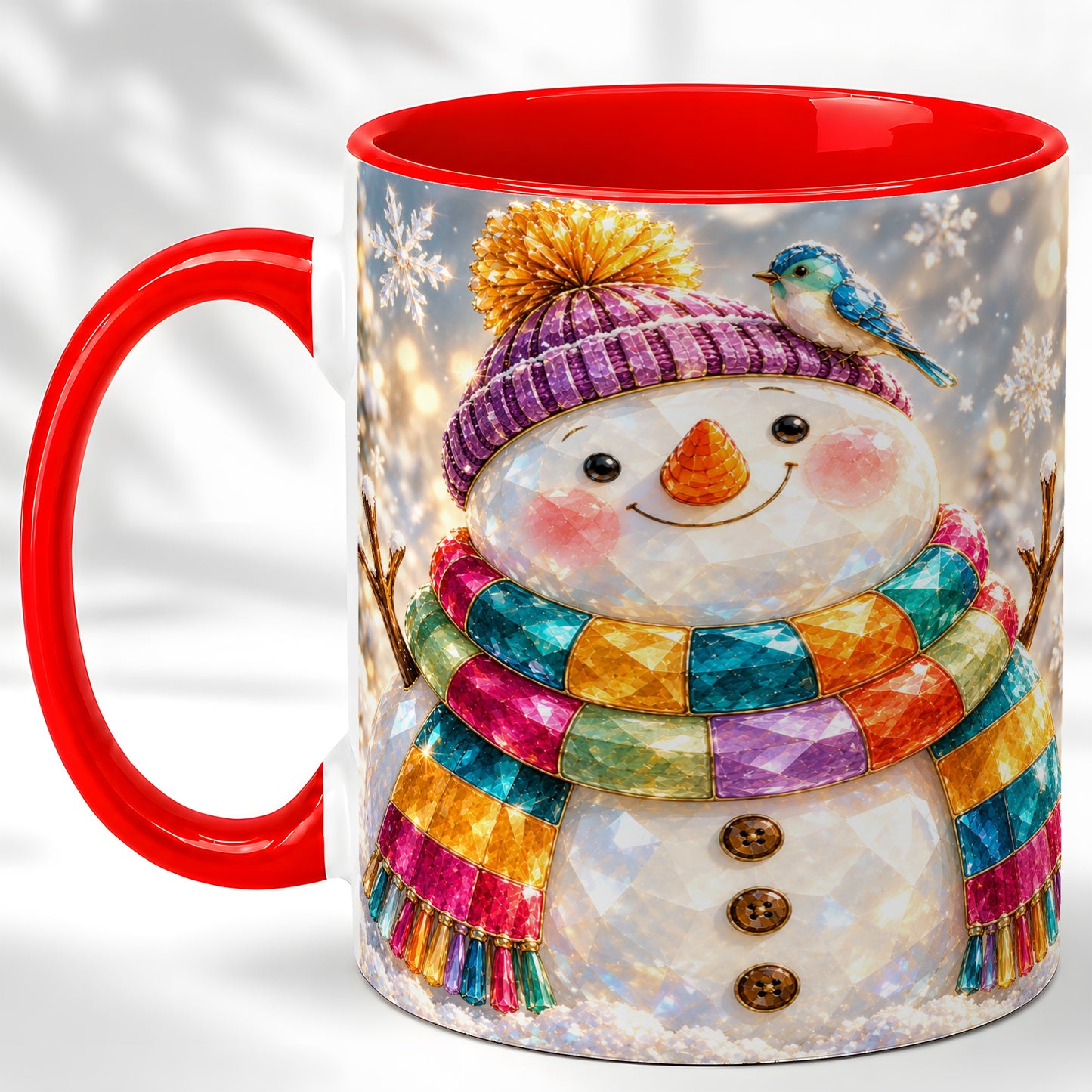 Jewel Tone Snowman Coffee Mug, Winter Bird Mug, Ceramic Cup