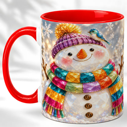Jewel Tone Snowman Coffee Mug, Winter Bird Mug, Ceramic Cup