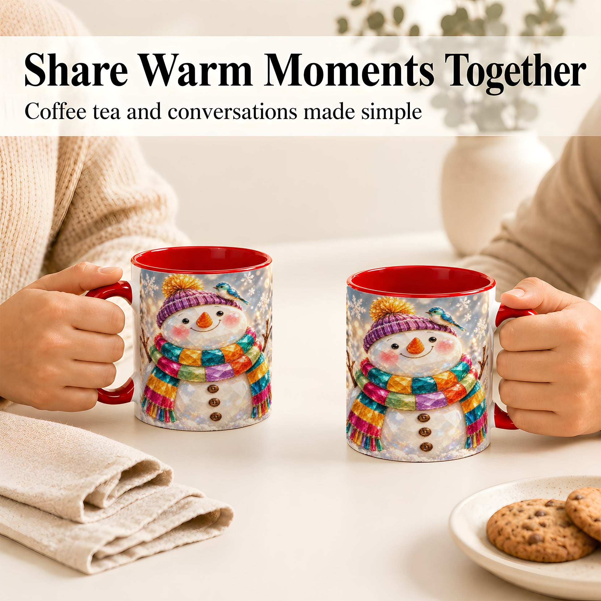 #pl[11oz|Red] Jewel Tone Snowman Coffee Mug, Winter Bird Mug, Ceramic Cup