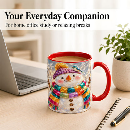 #pl[11oz|Red] Jewel Tone Snowman Coffee Mug, Winter Bird Mug, Ceramic Cup