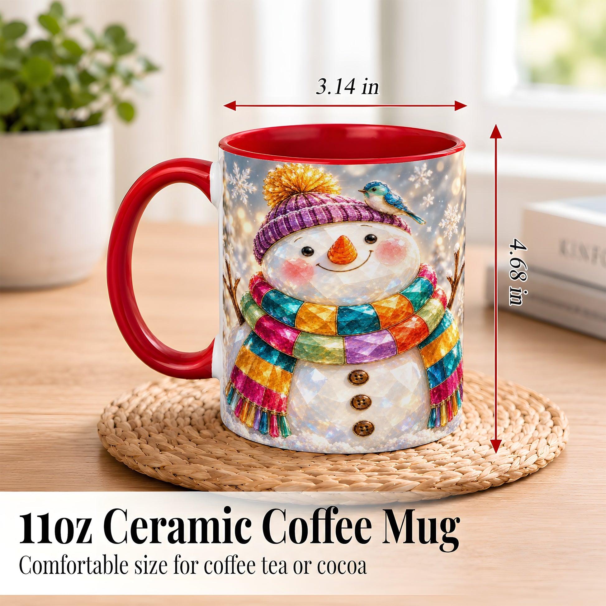 #pl[11oz|Red] Jewel Tone Snowman Coffee Mug, Winter Bird Mug, Ceramic Cup