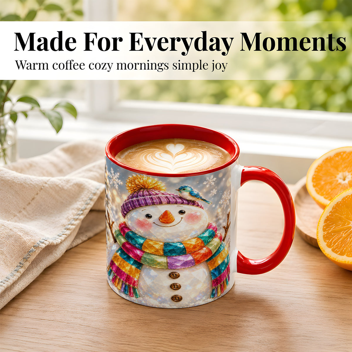 #pl[11oz|Red] Jewel Tone Snowman Coffee Mug, Winter Bird Mug, Ceramic Cup