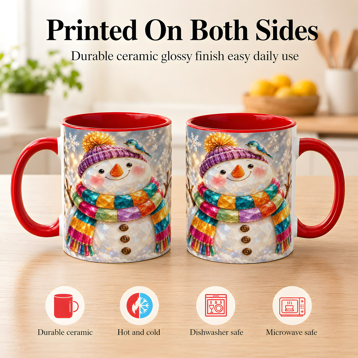 #pl[11oz|Red] Jewel Tone Snowman Coffee Mug, Winter Bird Mug, Ceramic Cup