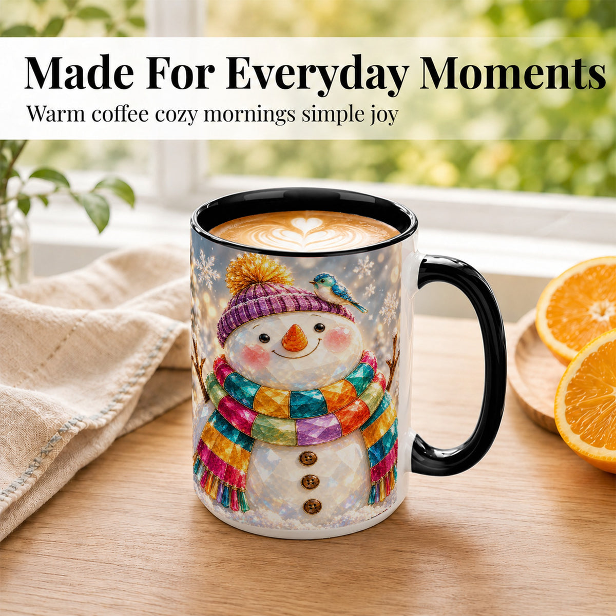 #pl[15oz|Black] Jewel Tone Snowman Coffee Mug, Winter Bird Mug, Ceramic Cup