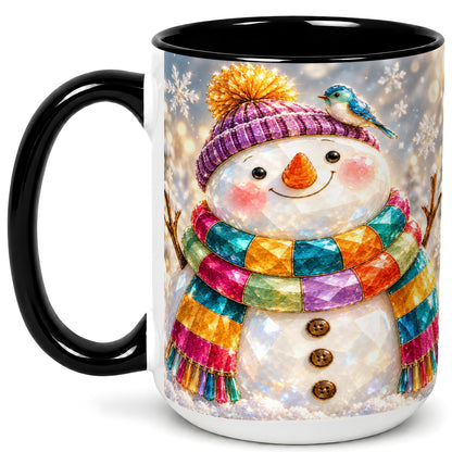 #pl[15oz|Black] Jewel Tone Snowman Coffee Mug, Winter Bird Mug, Ceramic Cup