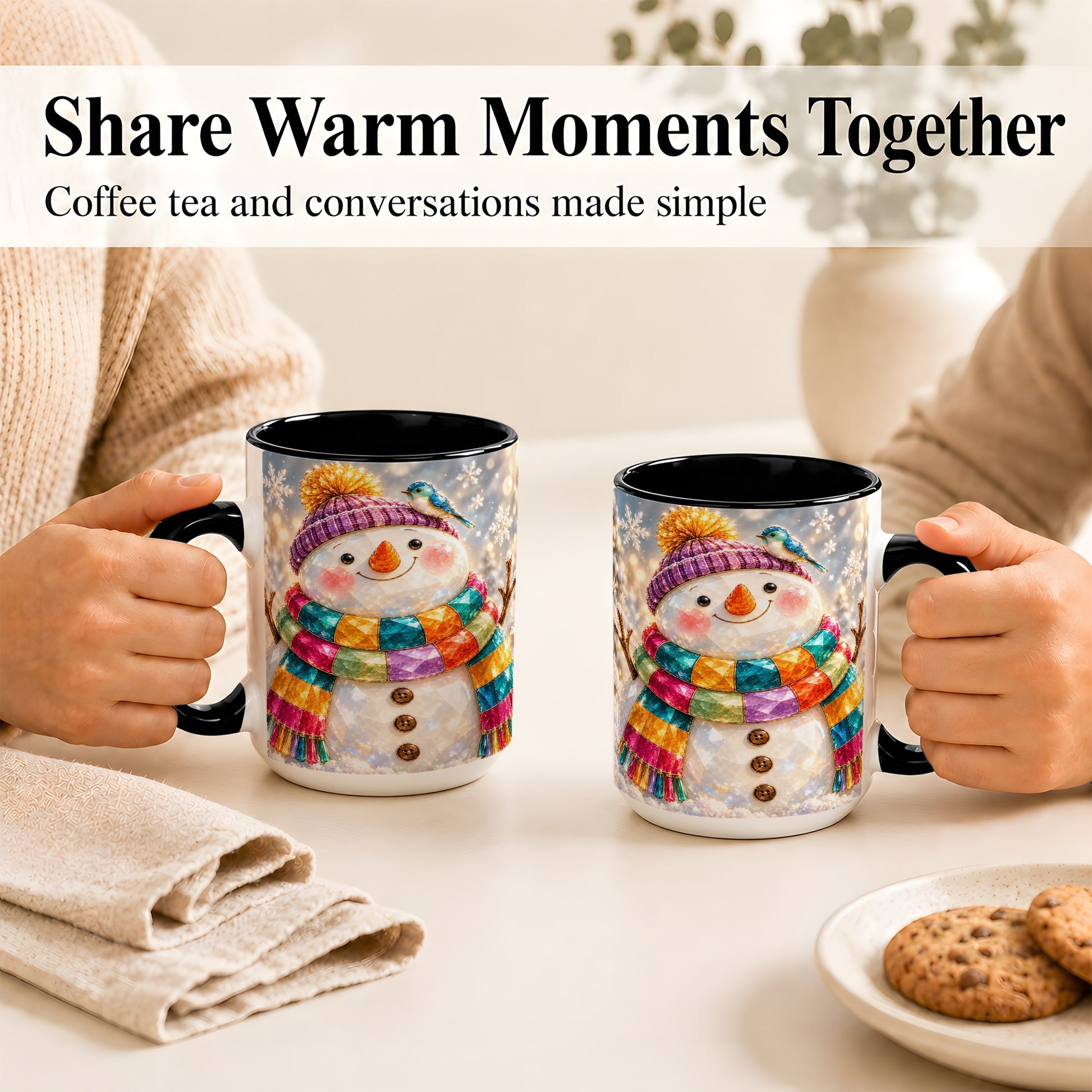 #pl[15oz|Black] Jewel Tone Snowman Coffee Mug, Winter Bird Mug, Ceramic Cup