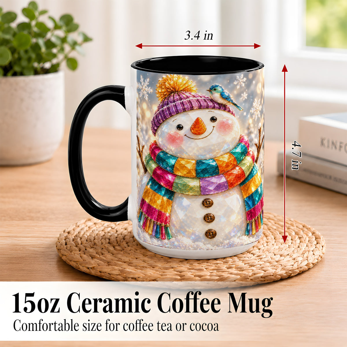 #pl[15oz|Black] Jewel Tone Snowman Coffee Mug, Winter Bird Mug, Ceramic Cup