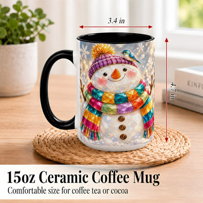 #pl[15oz|Black] Jewel Tone Snowman Coffee Mug, Winter Bird Mug, Ceramic Cup