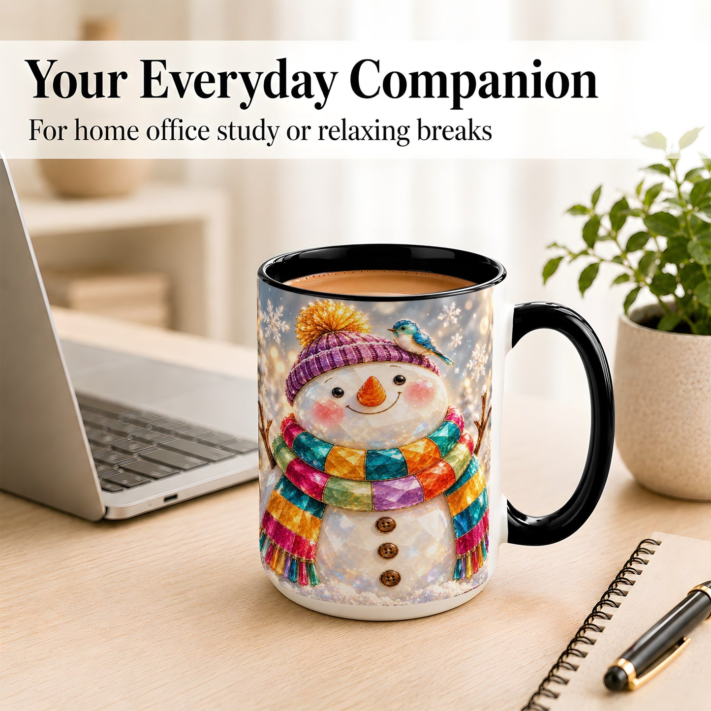 #pl[15oz|Black] Jewel Tone Snowman Coffee Mug, Winter Bird Mug, Ceramic Cup