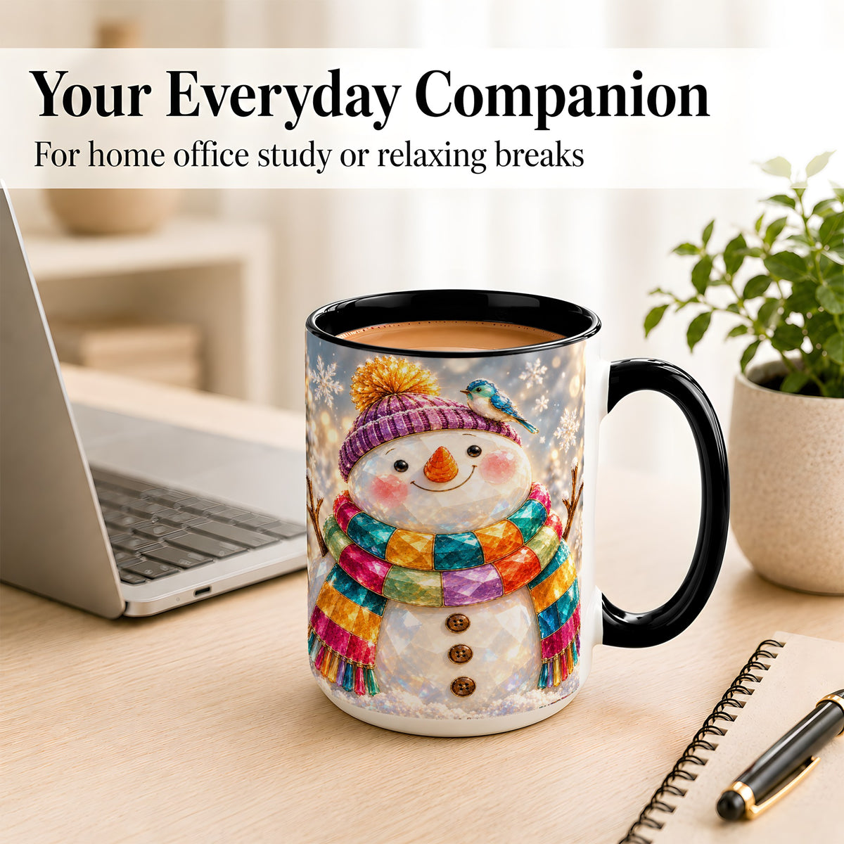 #pl[15oz|Black] Jewel Tone Snowman Coffee Mug, Winter Bird Mug, Ceramic Cup