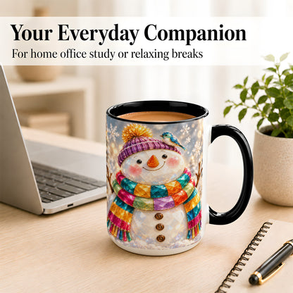 #pl[15oz|Black] Jewel Tone Snowman Coffee Mug, Winter Bird Mug, Ceramic Cup