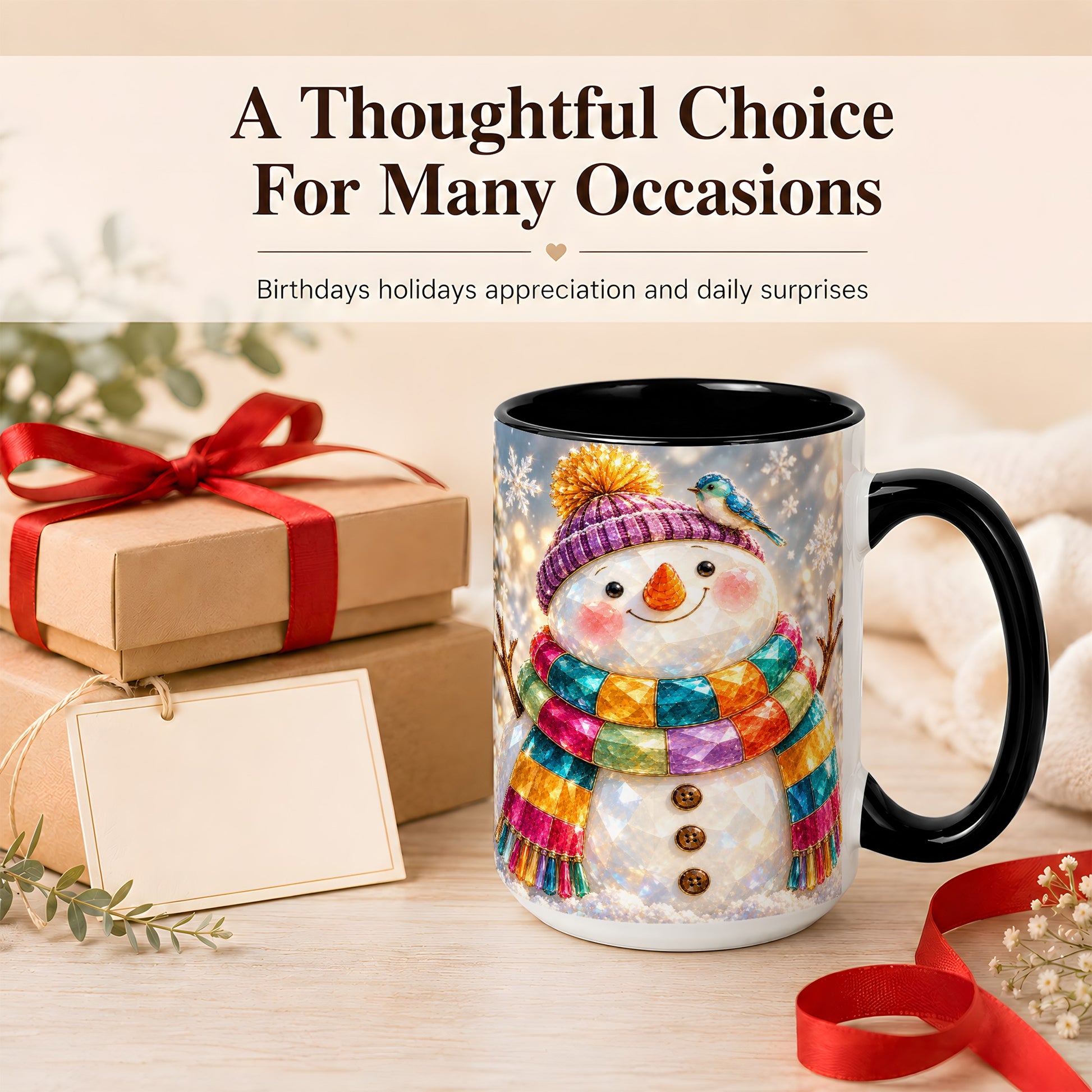 #pl[15oz|Black] Jewel Tone Snowman Coffee Mug, Winter Bird Mug, Ceramic Cup