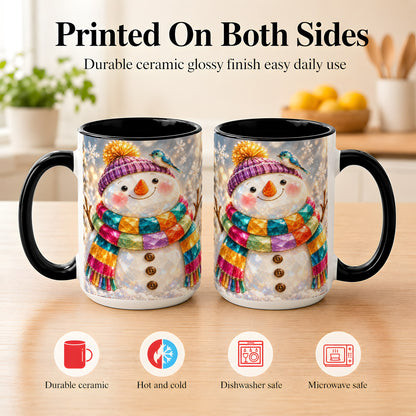 #pl[15oz|Black] Jewel Tone Snowman Coffee Mug, Winter Bird Mug, Ceramic Cup