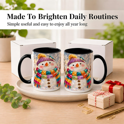 #pl[15oz|Black] Jewel Tone Snowman Coffee Mug, Winter Bird Mug, Ceramic Cup