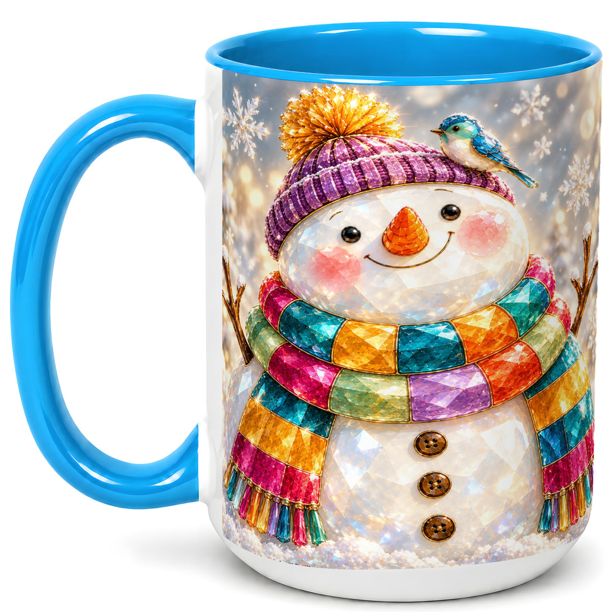 #pl[15oz|Blue] Jewel Tone Snowman Coffee Mug, Winter Bird Mug, Ceramic Cup