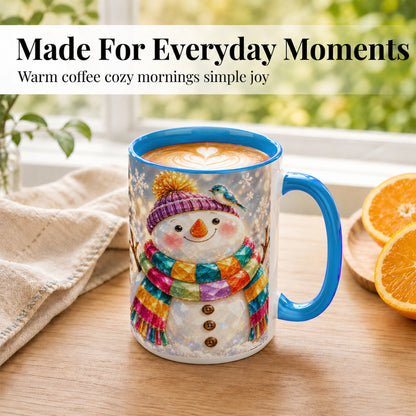 #pl[15oz|Blue] Jewel Tone Snowman Coffee Mug, Winter Bird Mug, Ceramic Cup