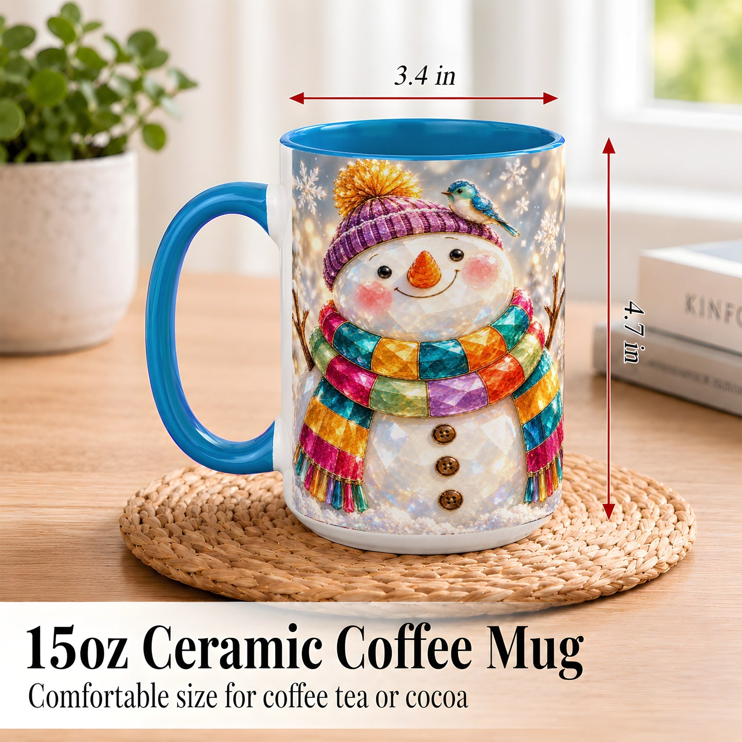 #pl[15oz|Blue] Jewel Tone Snowman Coffee Mug, Winter Bird Mug, Ceramic Cup
