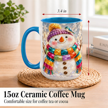#pl[15oz|Blue] Jewel Tone Snowman Coffee Mug, Winter Bird Mug, Ceramic Cup