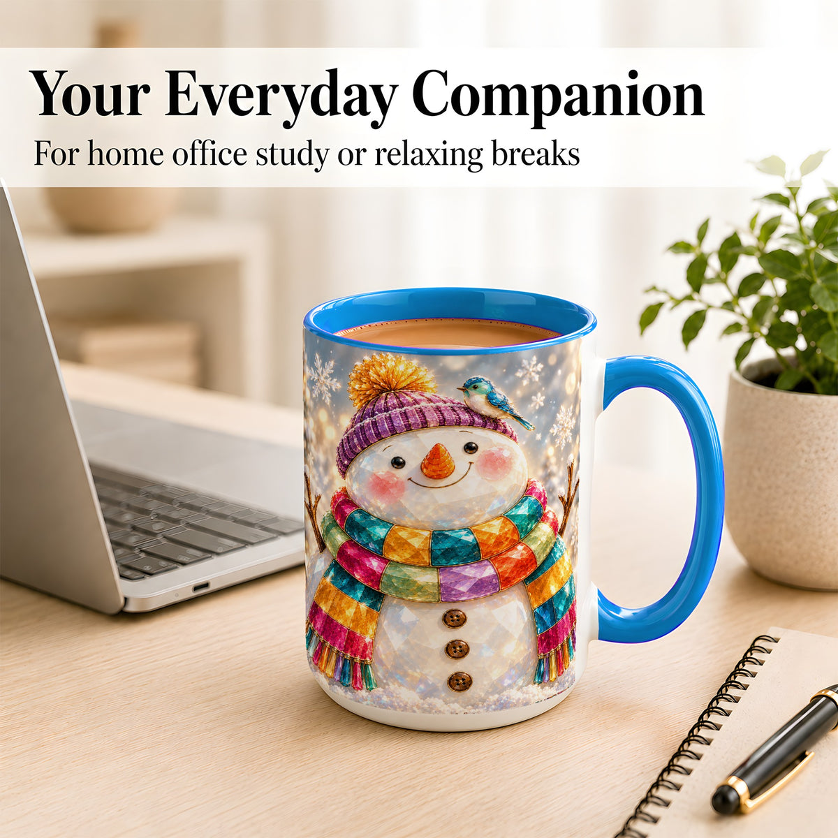 #pl[15oz|Blue] Jewel Tone Snowman Coffee Mug, Winter Bird Mug, Ceramic Cup