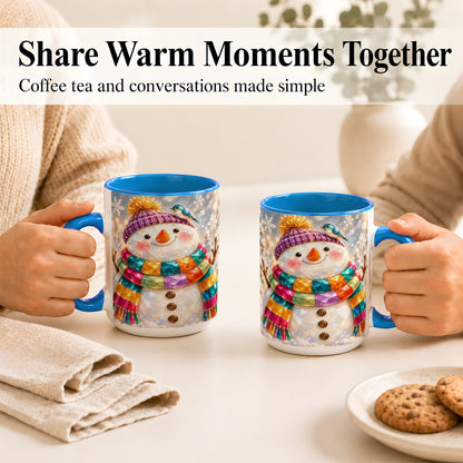 #pl[15oz|Blue] Jewel Tone Snowman Coffee Mug, Winter Bird Mug, Ceramic Cup