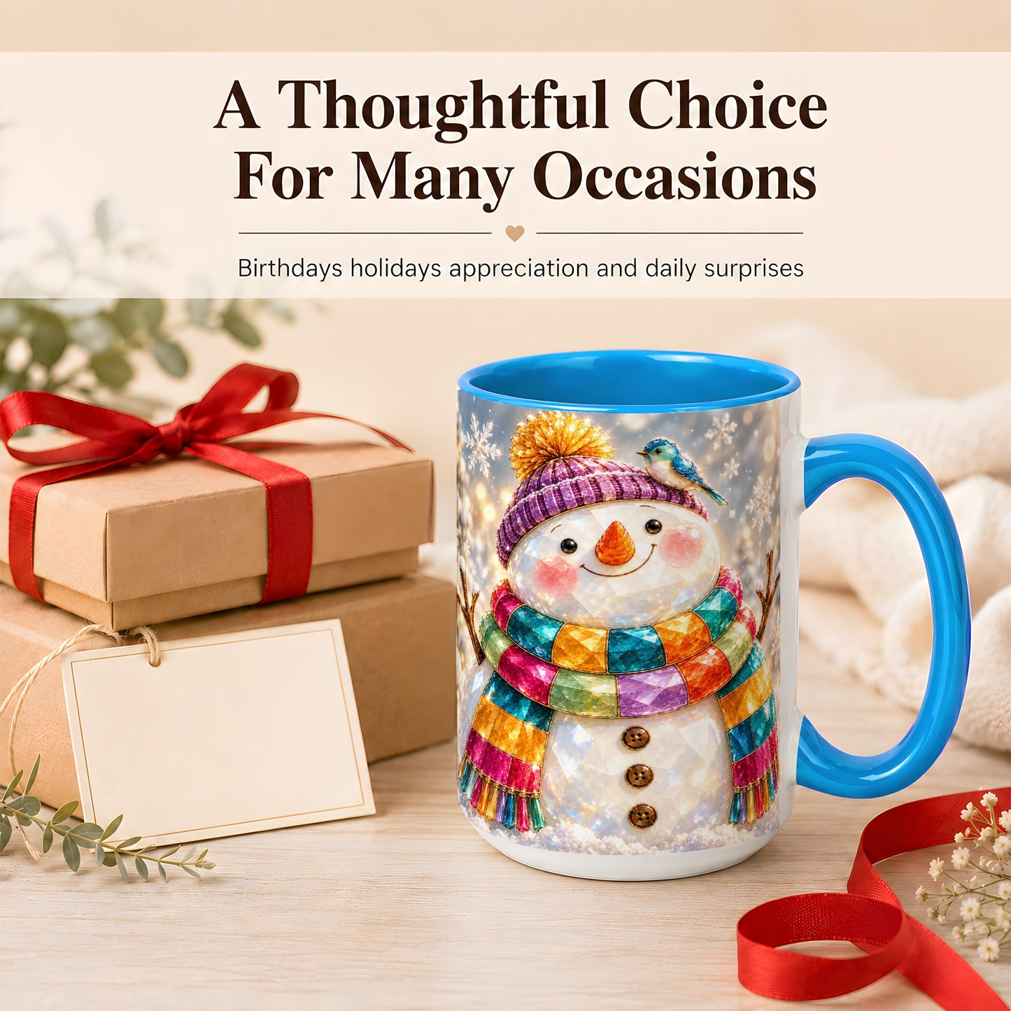#pl[15oz|Blue] Jewel Tone Snowman Coffee Mug, Winter Bird Mug, Ceramic Cup
