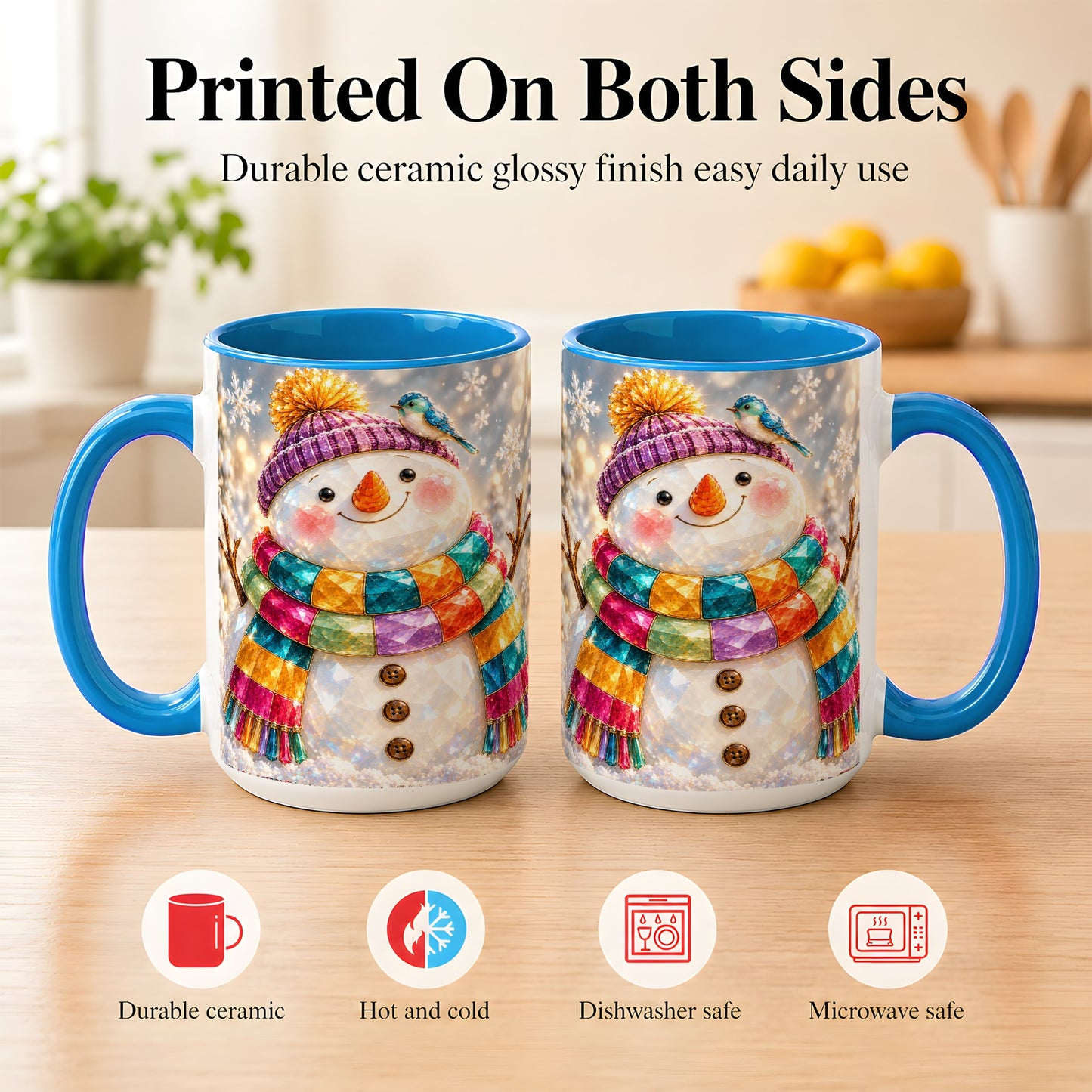 #pl[15oz|Blue] Jewel Tone Snowman Coffee Mug, Winter Bird Mug, Ceramic Cup