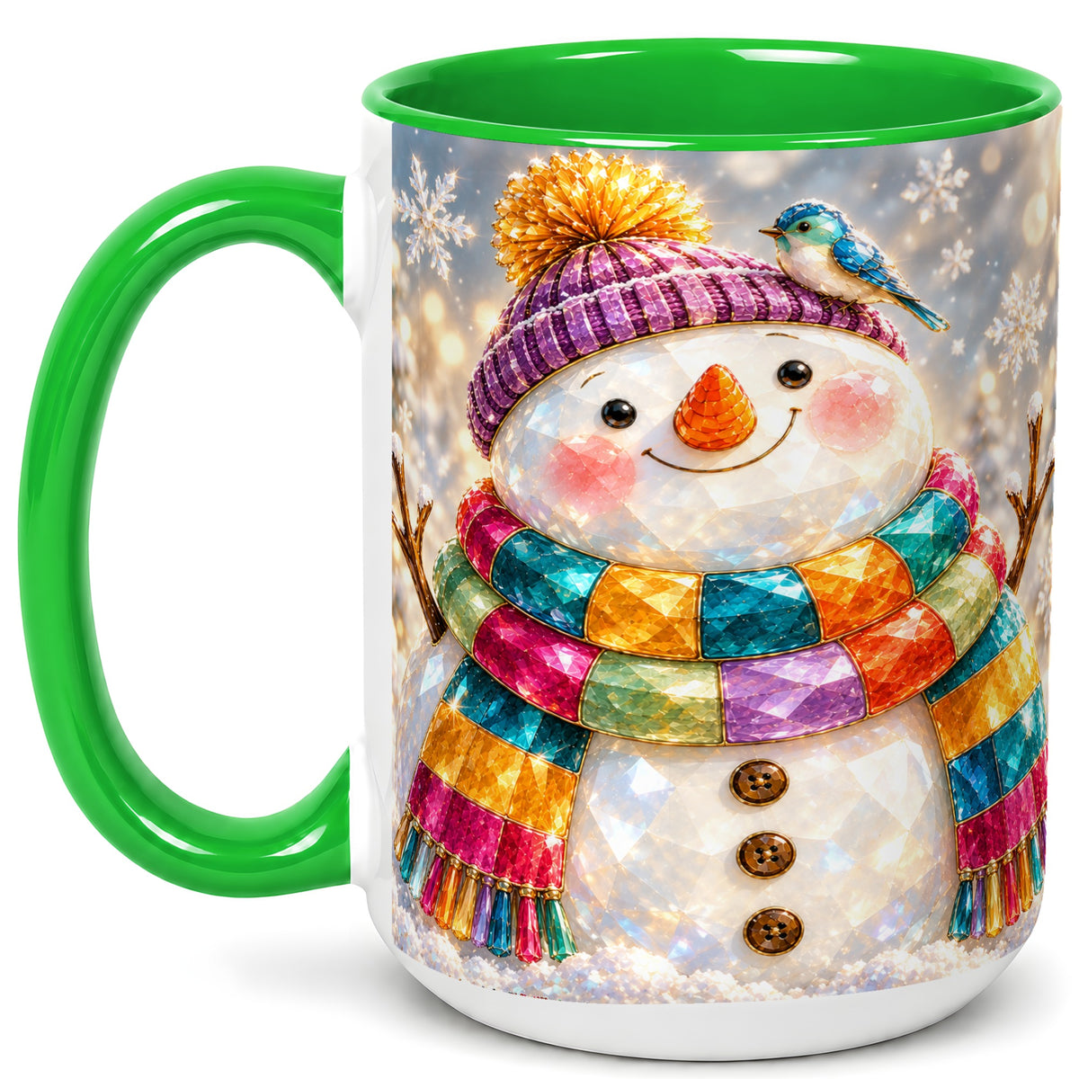 #pl[15oz|Green] Jewel Tone Snowman Coffee Mug, Winter Bird Mug, Ceramic Cup