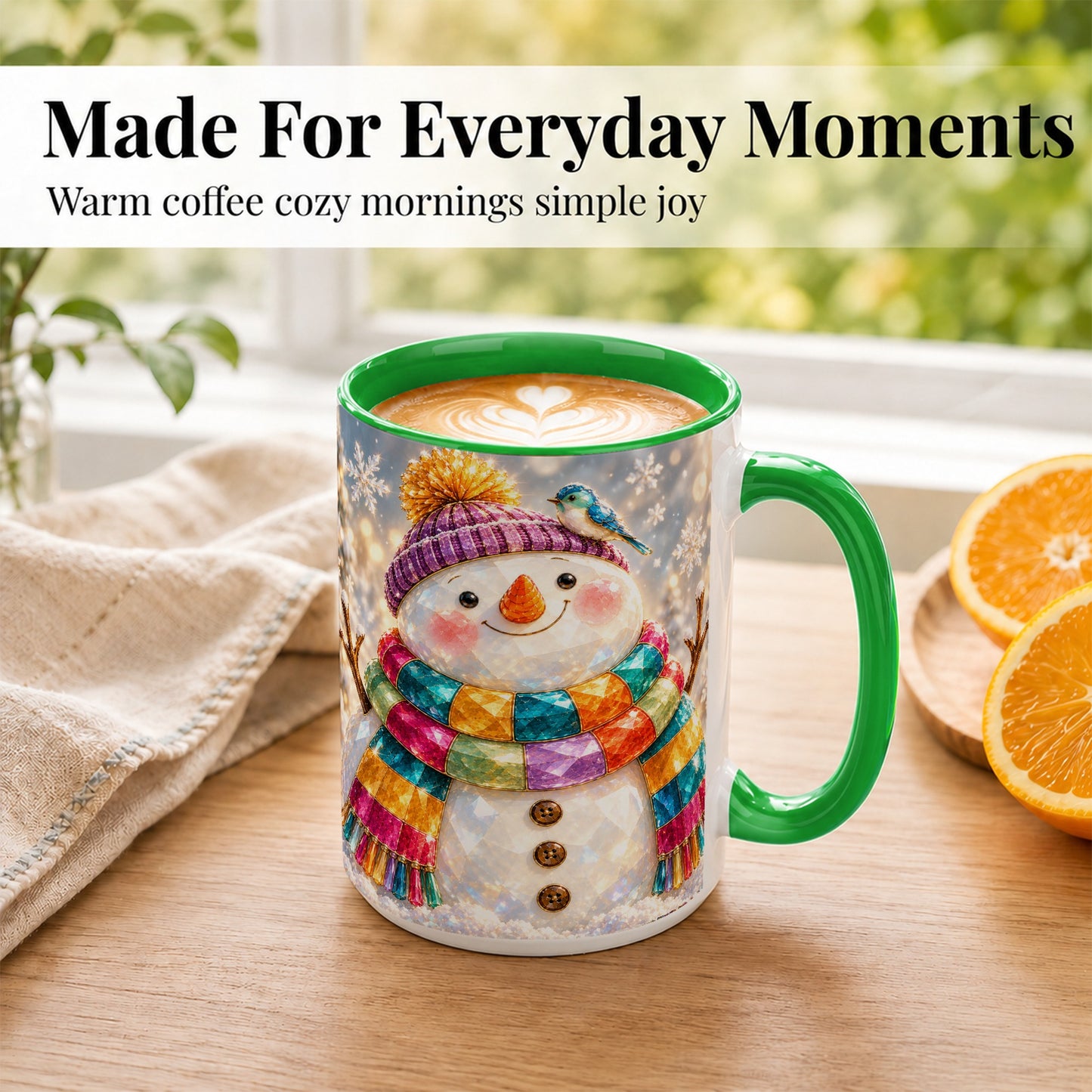 #pl[15oz|Green] Jewel Tone Snowman Coffee Mug, Winter Bird Mug, Ceramic Cup