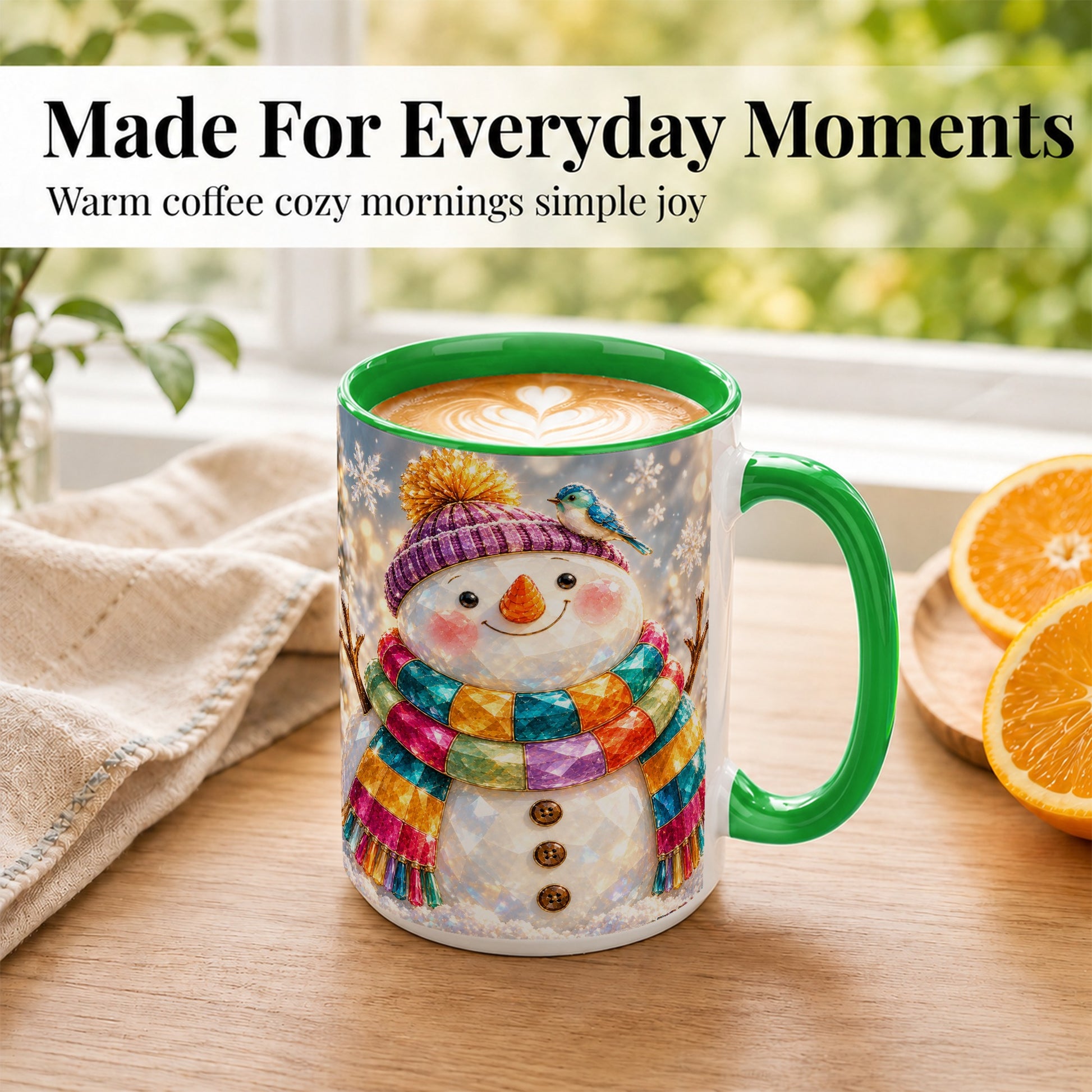 #pl[15oz|Green] Jewel Tone Snowman Coffee Mug, Winter Bird Mug, Ceramic Cup