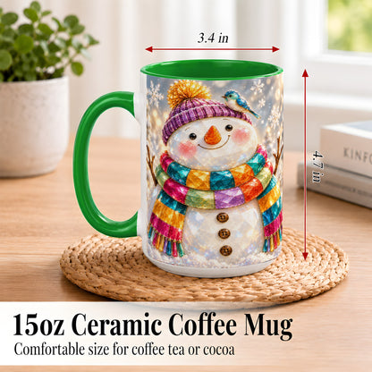 #pl[15oz|Green] Jewel Tone Snowman Coffee Mug, Winter Bird Mug, Ceramic Cup