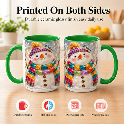 #pl[15oz|Green] Jewel Tone Snowman Coffee Mug, Winter Bird Mug, Ceramic Cup