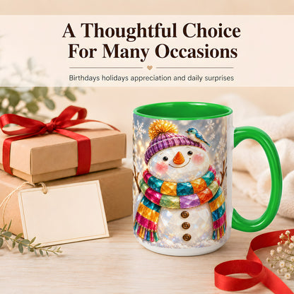 #pl[15oz|Green] Jewel Tone Snowman Coffee Mug, Winter Bird Mug, Ceramic Cup